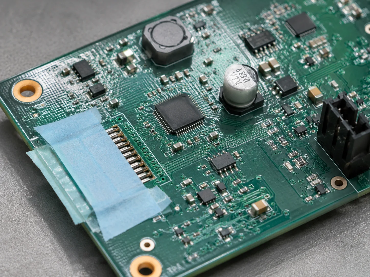 Aplicación de conformal coating en una placa electrónica con cinta de enmascarar sobre el conector que debe quedar libre