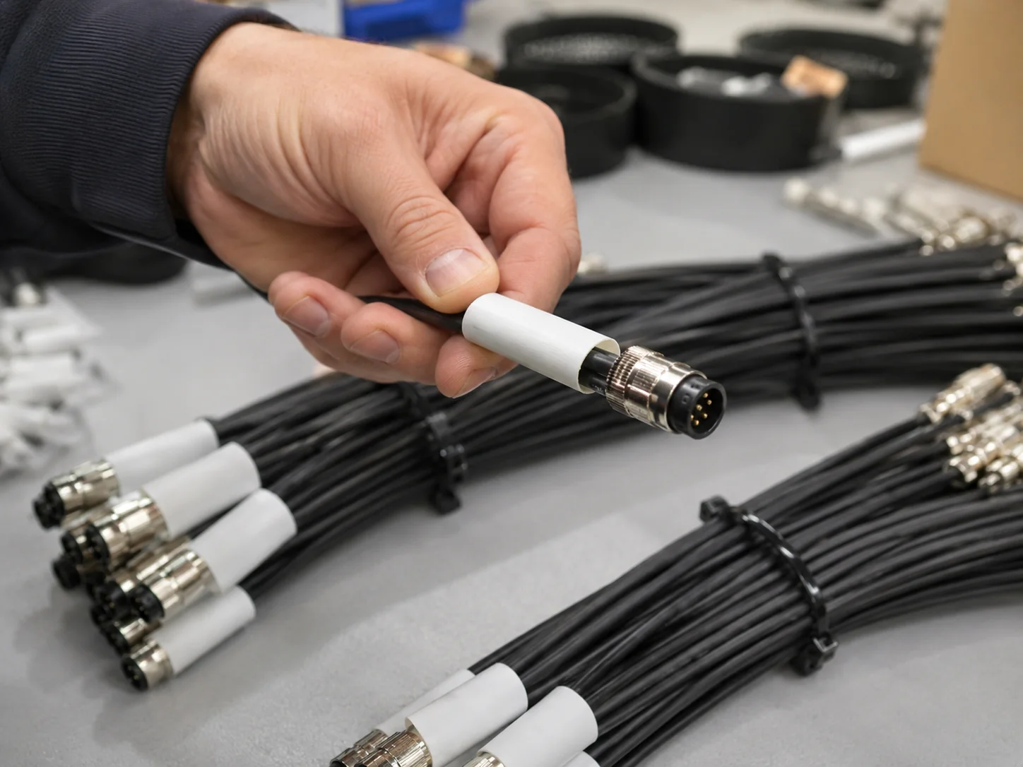 Marcado y etiquetado de cables en un conjunto agrupado: manguito identificativo sobre un cable con conector y mazos sujetos con bridas