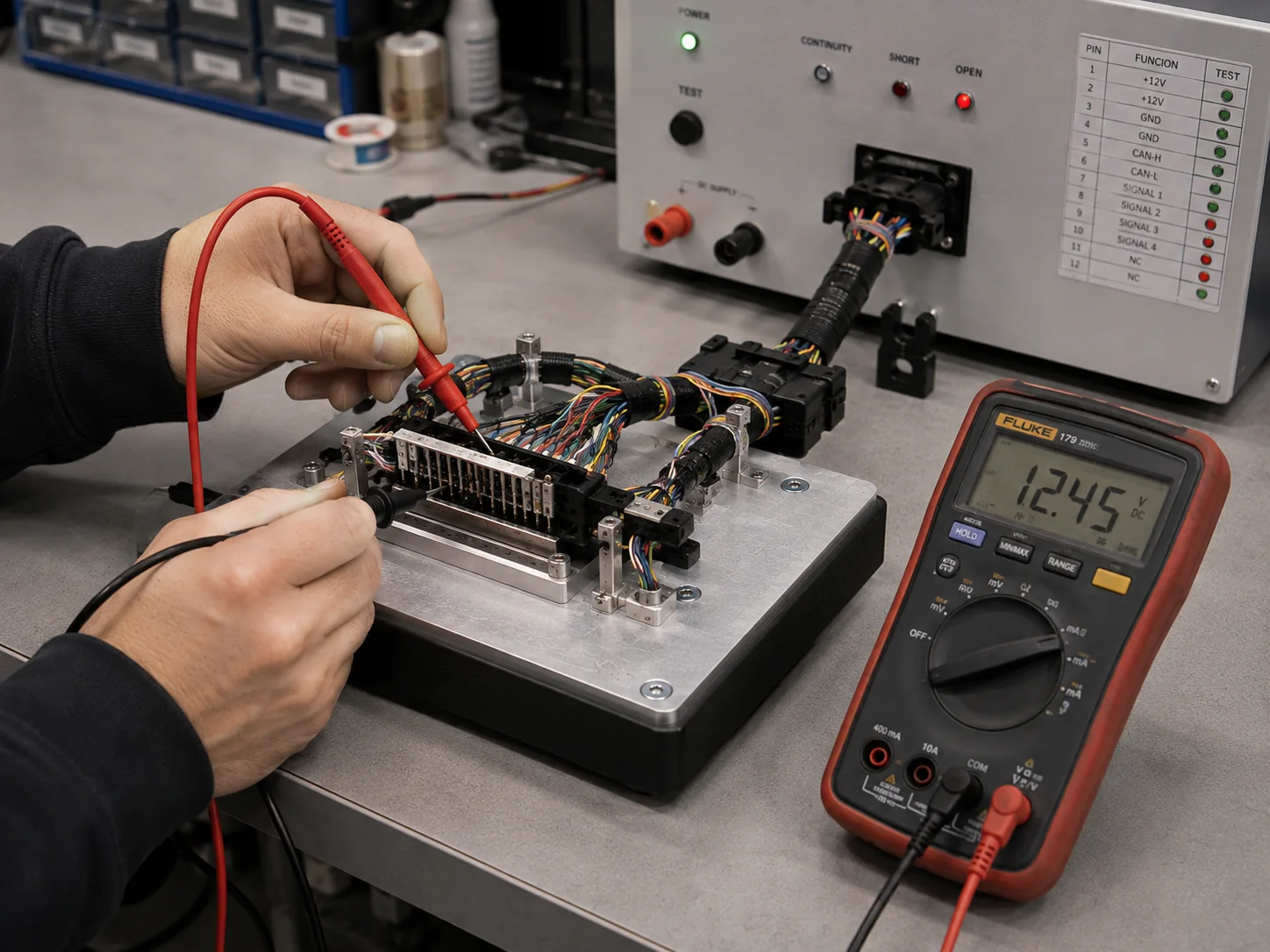 Comprobación de continuidad sobre un conjunto de cableado con punta de prueba y útil de test