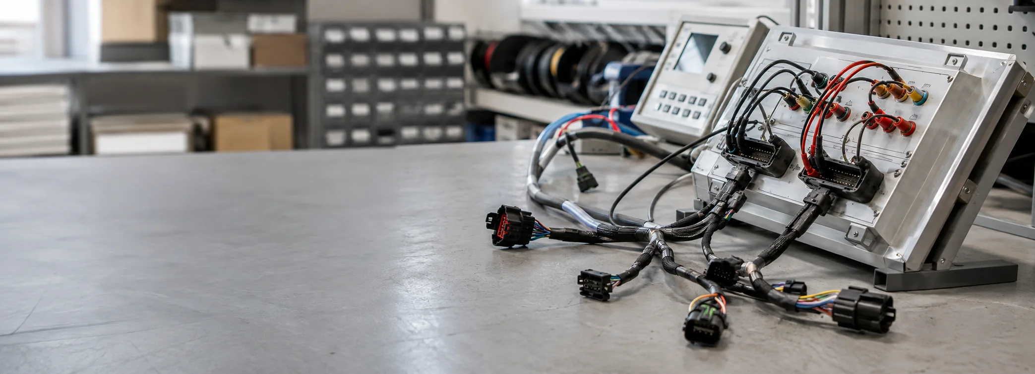 Arnés conectado a un útil de test en el banco de un proveedor durante las pruebas eléctricas de cableado