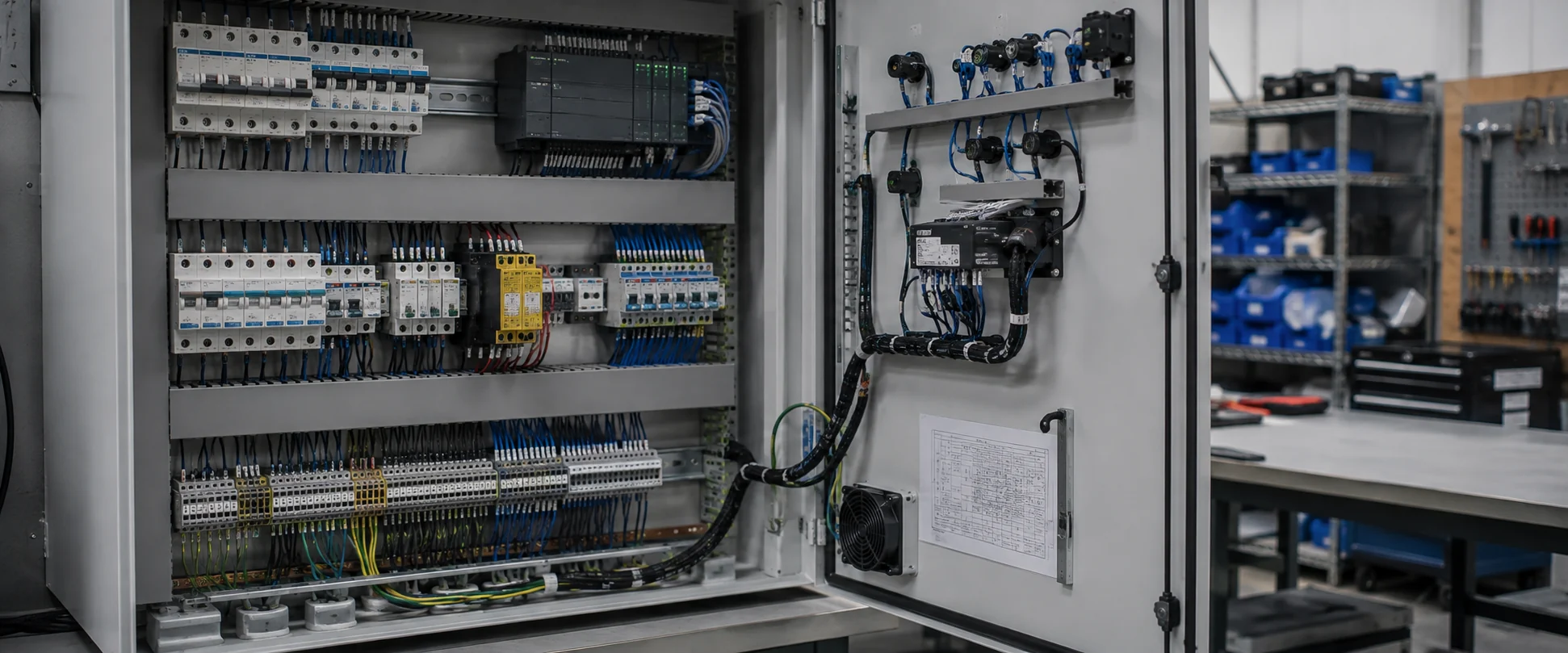 Montaje de cuadros eléctricos: armario abierto con protecciones en carril, autómata, bornes y cableado identificado