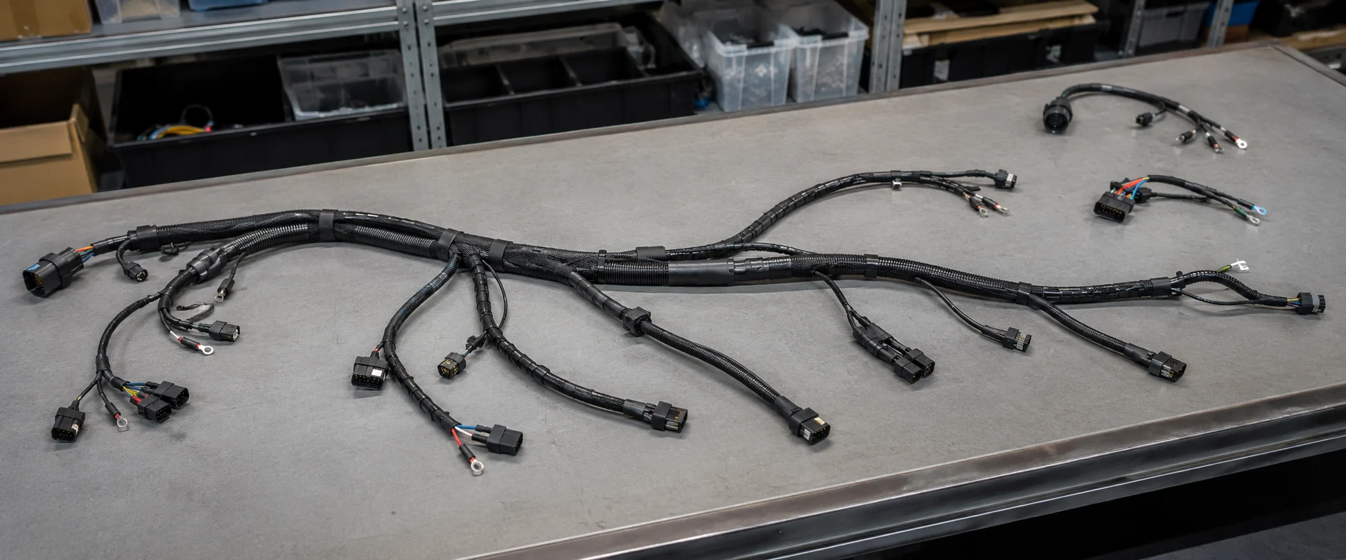 Mazo de cables a medida con varios ramales y conectores eléctricos sobre una mesa de montaje