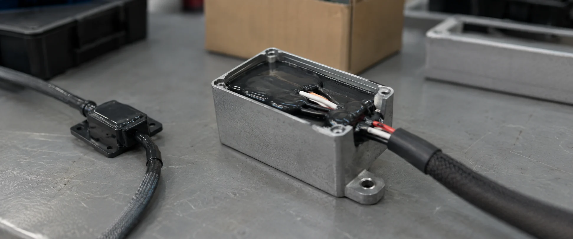 Cajas metálicas con conjunto encapsulado en resina y entrada de cable protegida