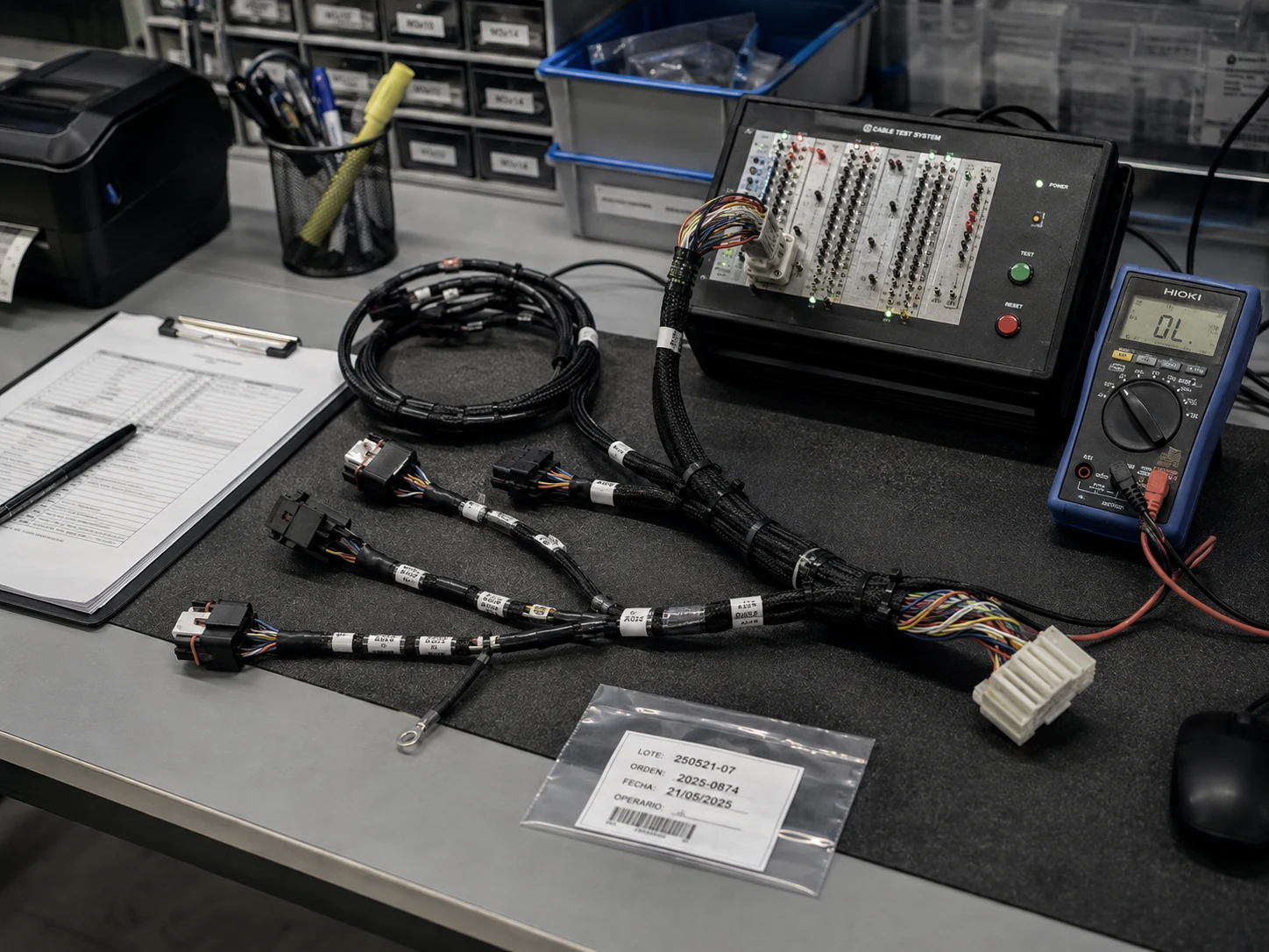 Verificación de cableado: arnés con etiquetas de identificación conectado a un equipo de test, junto a un multímetro y una bolsa identificada por lote