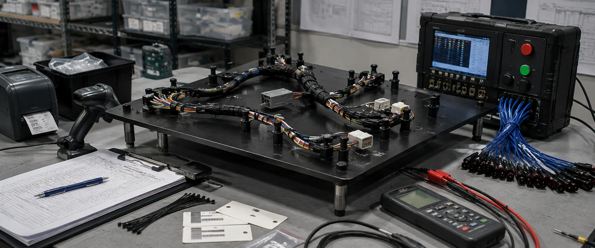 Verificación de cableado: arnés sobre tablero conectado a un equipo de medida, con multímetro, etiquetas de identificación y hoja de comprobación