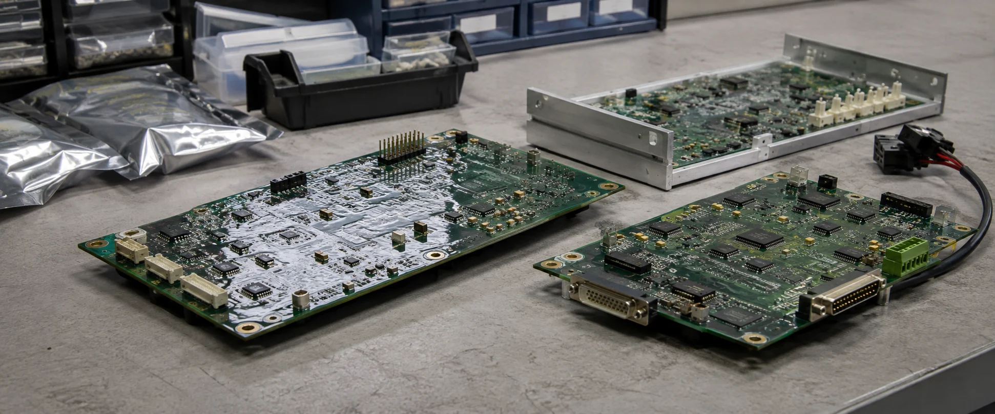 Placa electrónica con tropicalizado y conformal coating junto a otra sin recubrir, con los conectores y las tiras de pines libres de recubrimiento