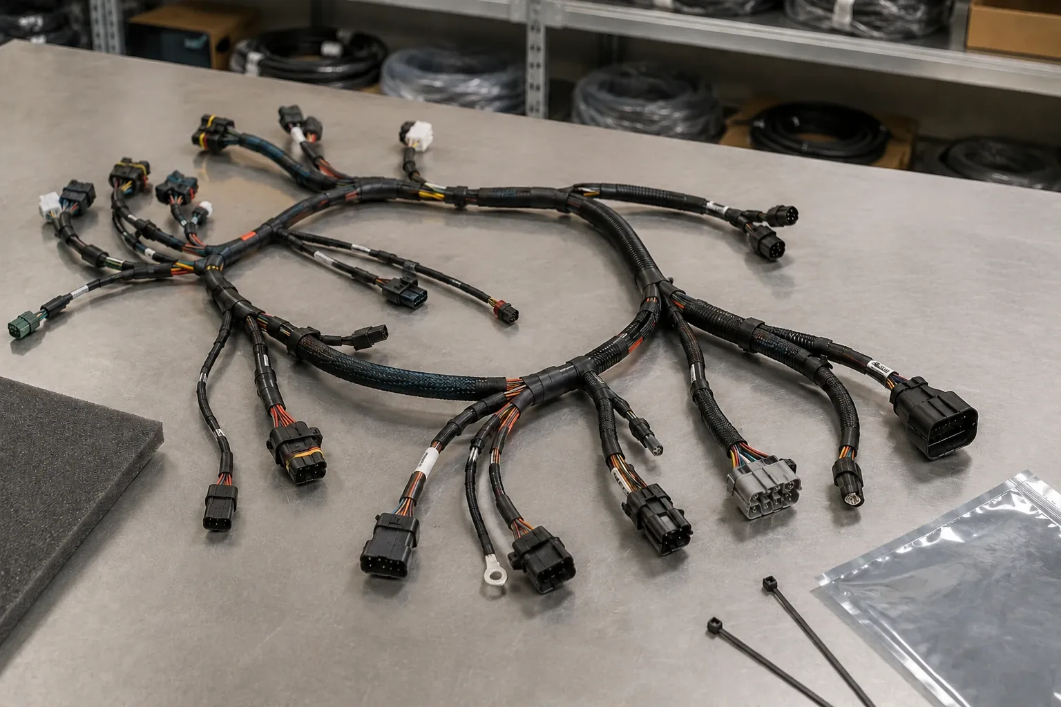 Arnés de cableado a medida con conectores estancos y ramas identificadas sobre mesa técnica
