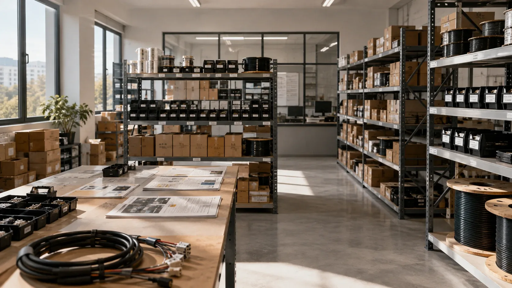 Bobinas de cable, cajas de componentes y documentación técnica en una zona de referencia