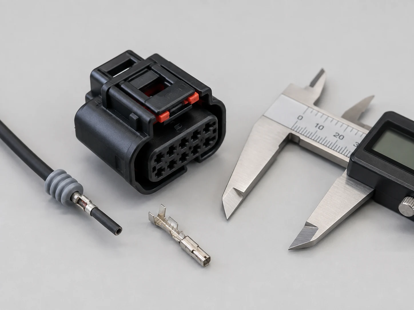 Conector estanco de automoción junto a terminal y calibre para identificar la serie