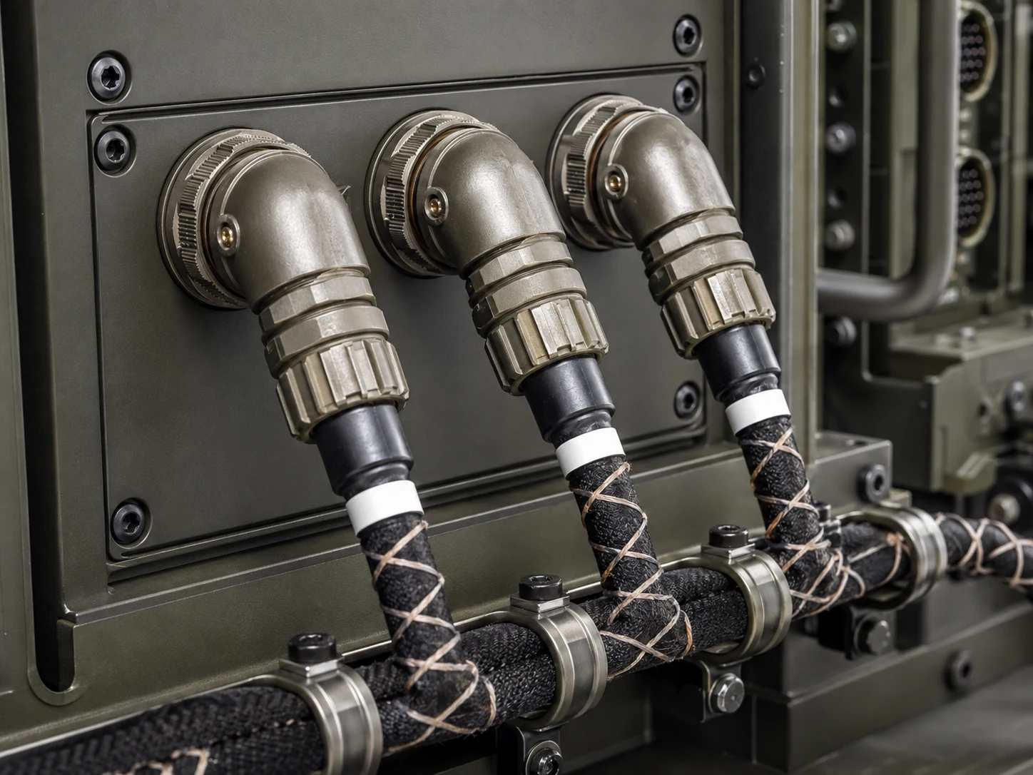 Cableado militar: conectores circulares, backshells acodados y malla de apantallamiento en un panel de equipo de defensa