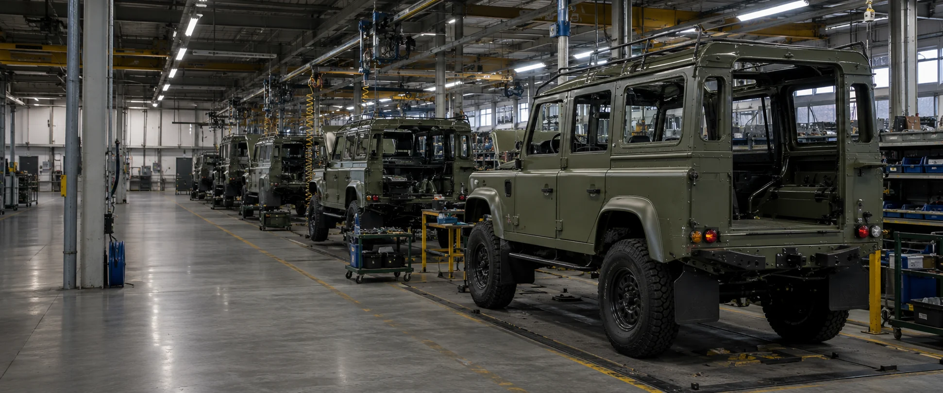 Vehículos tácticos en una nave de acondicionamiento de equipamiento de defensa
