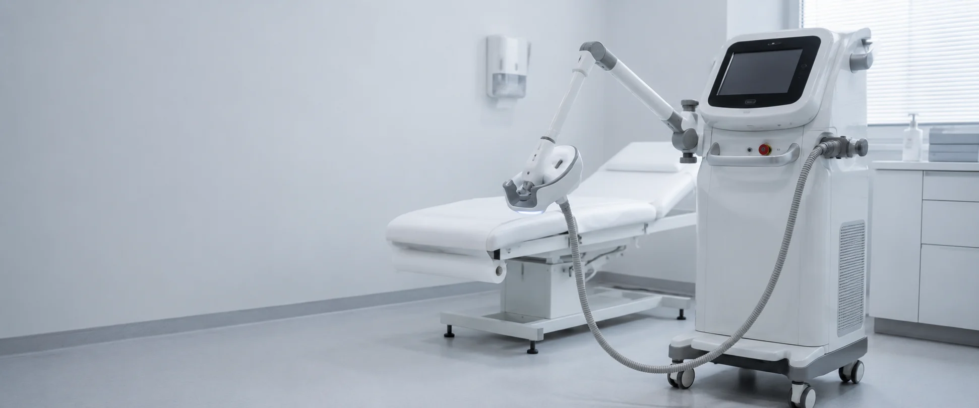 Equipo de electromedicina y estética con brazo articulado en sala de tratamiento