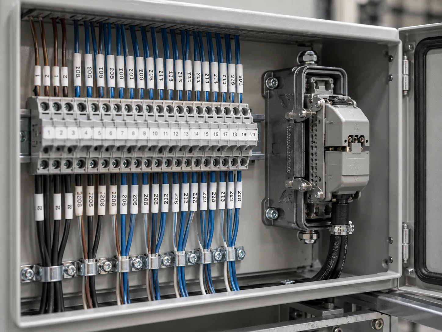 Armario de equipo ferroviario con cableado identificado, bornes numerados y conector multipolo