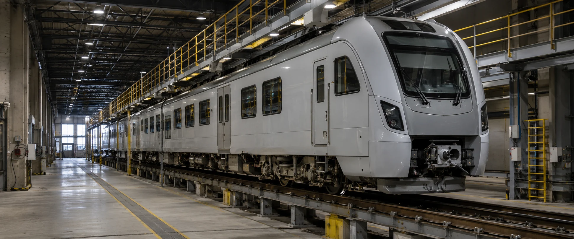 Tren de cercanías en taller de mantenimiento ferroviario