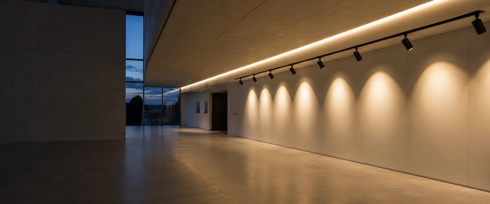 Iluminación técnica con perfiles lineales LED y focos de carril en un espacio arquitectónico
