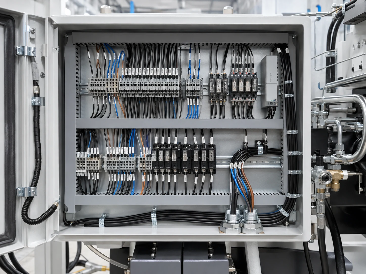 Armario eléctrico de maquinaria industrial con cableado interno y bornes