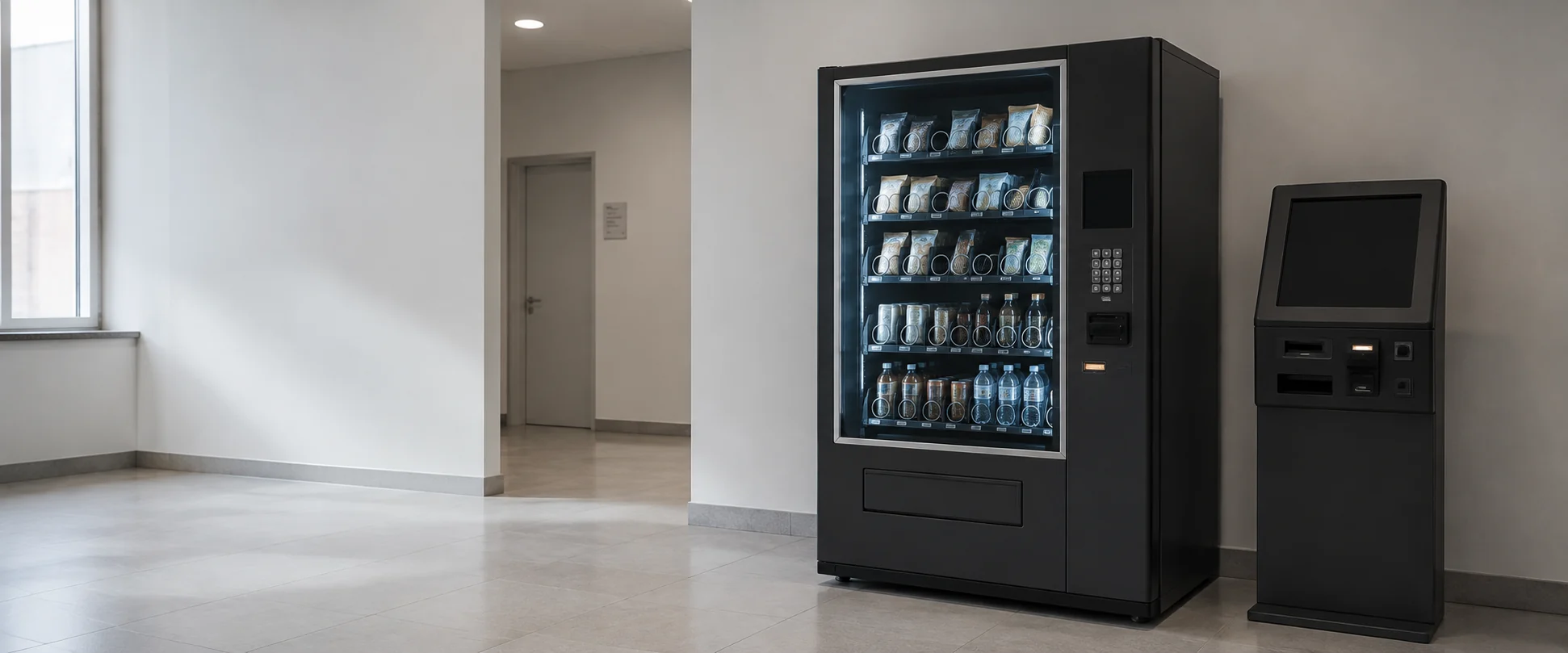 Máquina de vending y kiosco de autoservicio en un vestíbulo