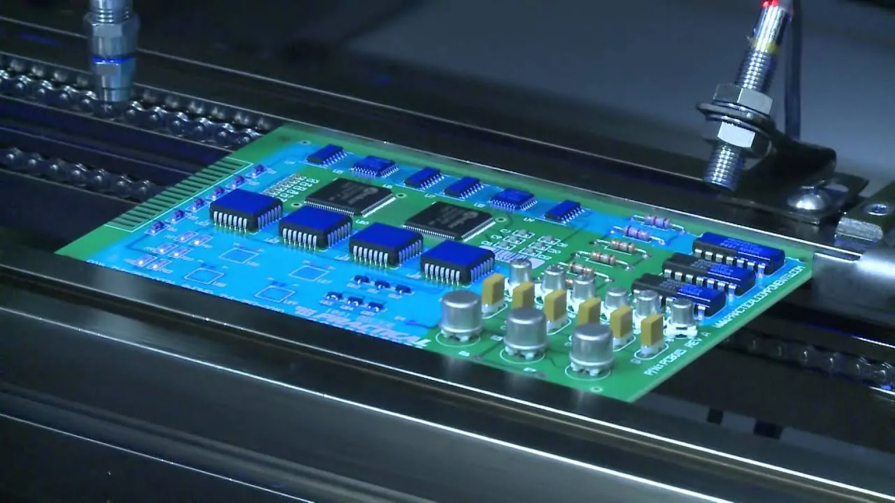 Placa electrónica montada avanzando por la línea de un proveedor durante el proceso de recubrimiento